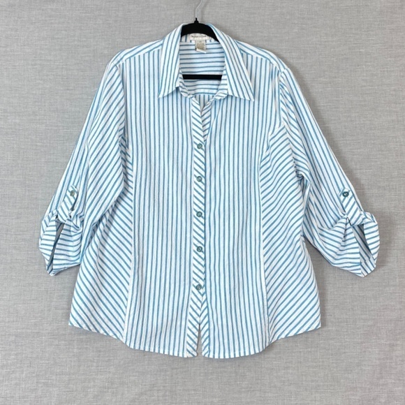 Drapers & Damon Top Womens 2X Button Up Roll Tab Sleeves Striped Blue Textured - Picture 1 of 8